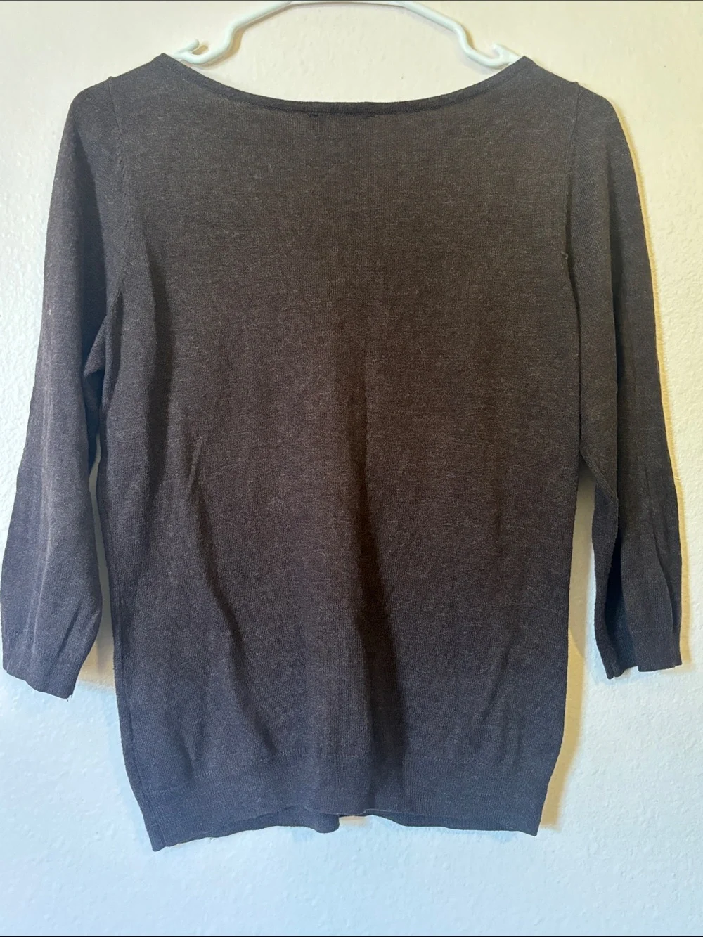 Woman’s Chocolate Brown Scoopneck Ribbed Yoke Sweater Top, 3/4 Sleeves, Size MP
